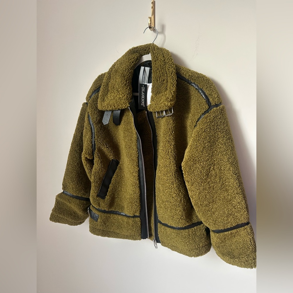 Blank NYC olive Green fleece Sherpa moto zip up Jacket